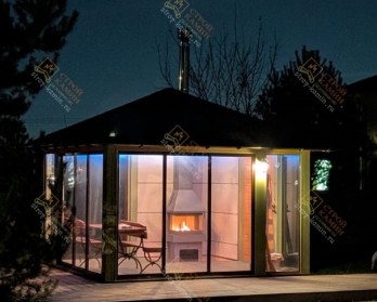 Очень доступный и недорогой трехсторонний камин ПАНОРАМА стиля Хай-Тек, в беседке загородного дома Очень доступный и недорогой трехсторонний камин ПАНОРАМА стиля Хай-Тек, в беседке загородного дома